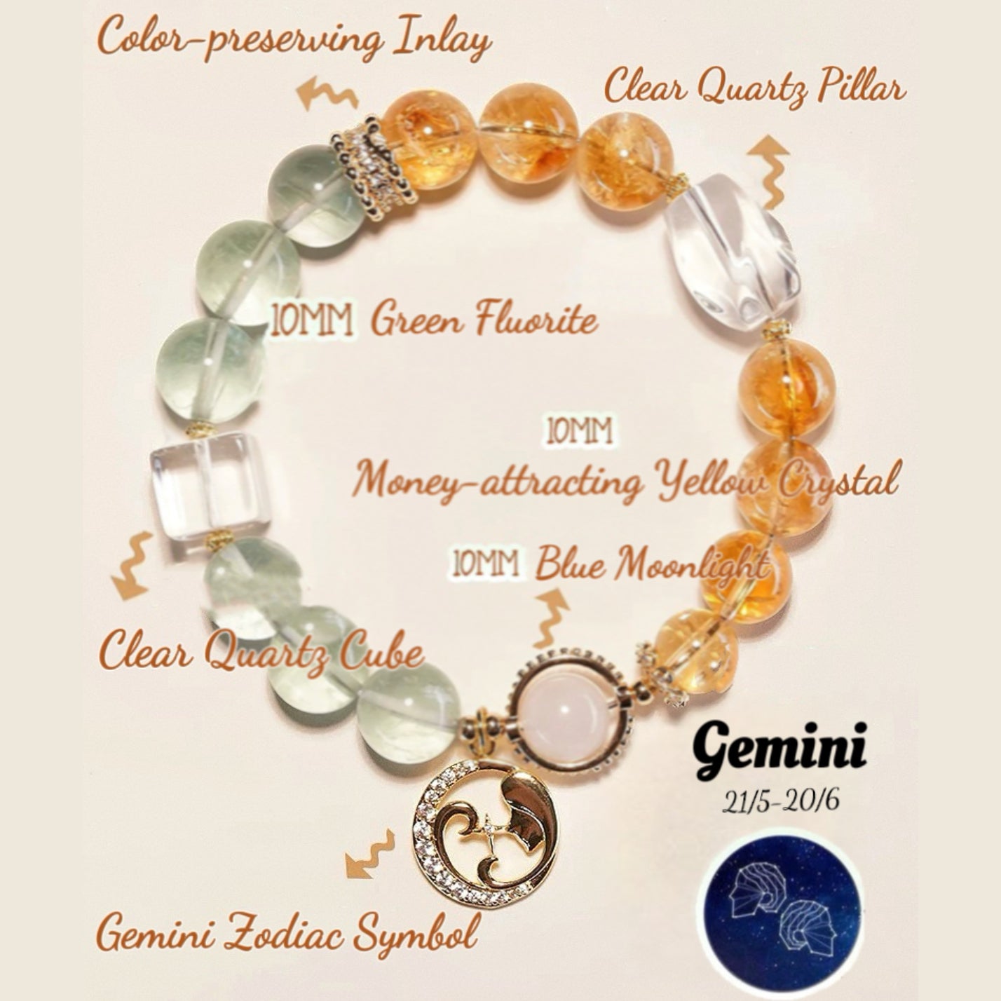 Natural Zodiac Crystal Bracelet [Cancer (Jun 21 - Jul 22)]